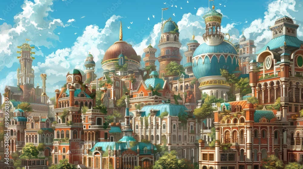 Fototapeta premium Picturesque cityscape featuring buildings with diverse architectural styles and decorations