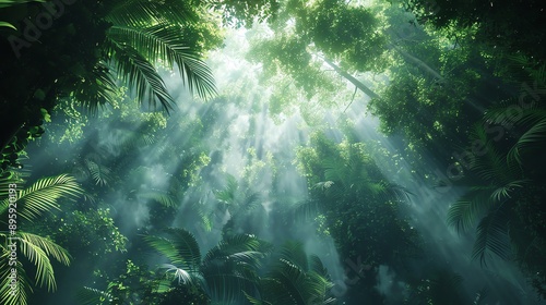 A serene view of a lush jungle, illuminated by soft sunlight filtering through dense foliage. Perfect for nature lovers.