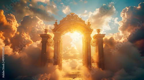 Golden Gates of heaven with sunshine in clouds. Stairway to heaven in glory, gates of Paradise, meeting God, symbol of Christianity. Gates of heaven coming out of the clouds, floating in the sky