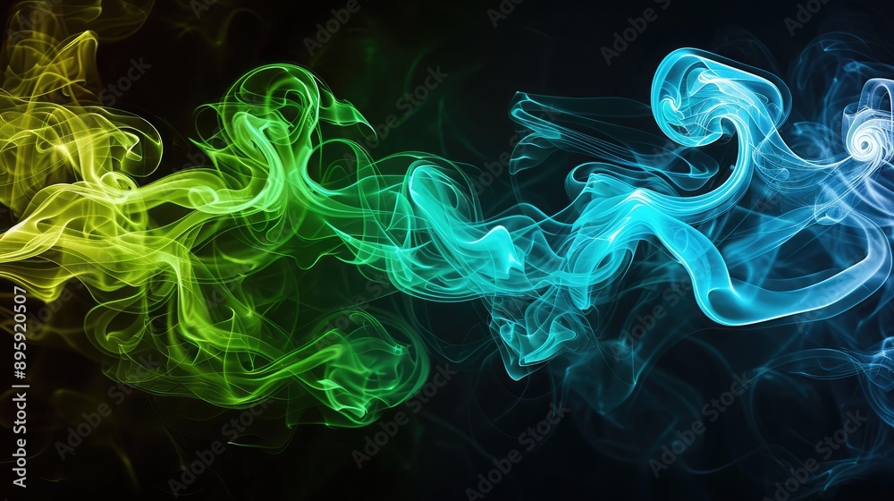 Dark abstract background with a glowing abstract waves, abstract background,Dense multicolored smoke of blue and green colors on a black isolated background Dark abstract background with a glowing abstract waves, abstract background,Dense multicolored smoke of blue and green colors on a black isolated background