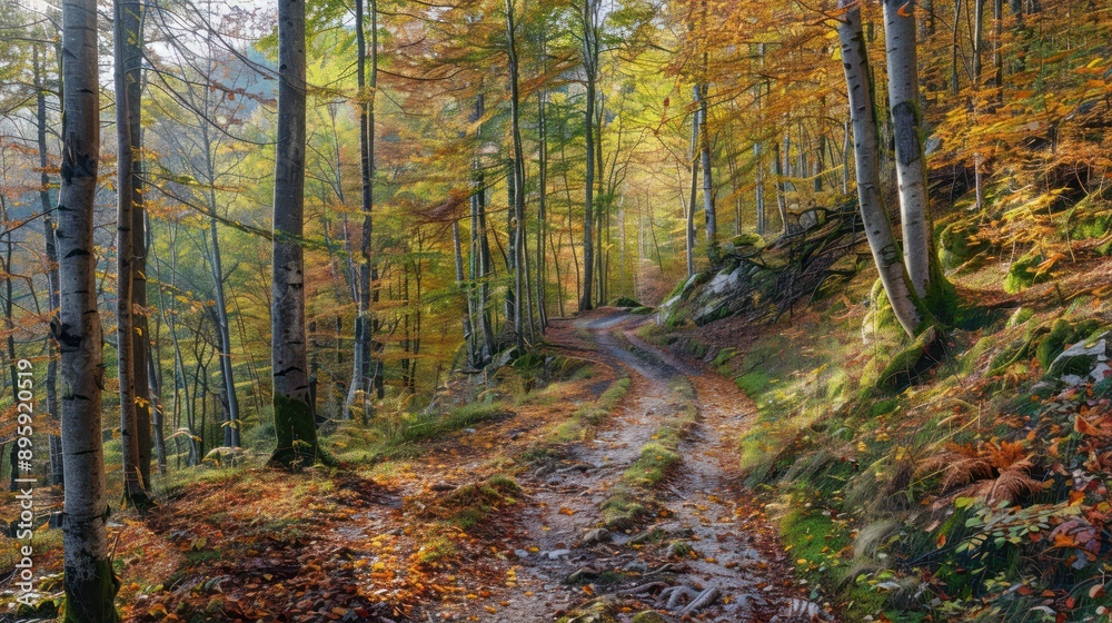 A winding forest trail covered in dappled sunlight and surrounded by autumn foliage. A winding forest trail covered in dappled sunlight and surrounded by autumn foliage.