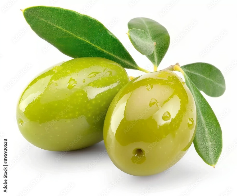 Obraz premium green olives with leaf on white background