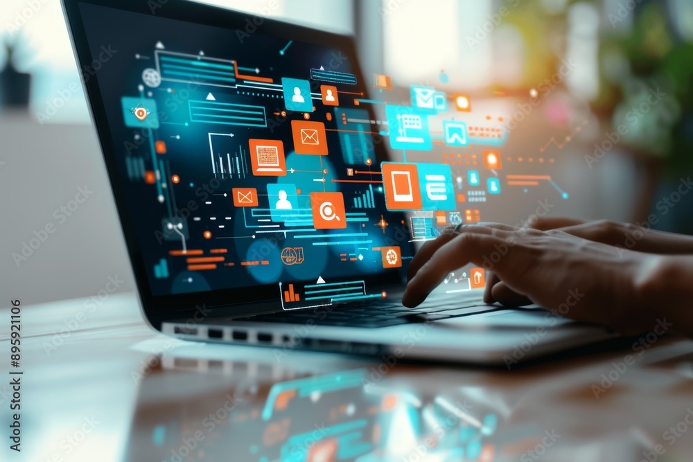 Businessman working with laptop and hologram screen showing social media structure Businessman working with laptop and hologram screen showing social media structure
