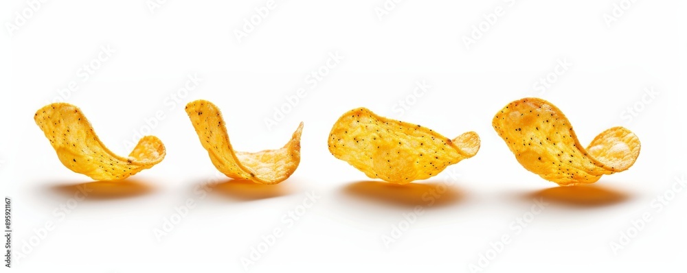 Potato chips on white background, close-up. Snack food and junk food concept Potato chips on white background, close-up. Snack food and junk food concept