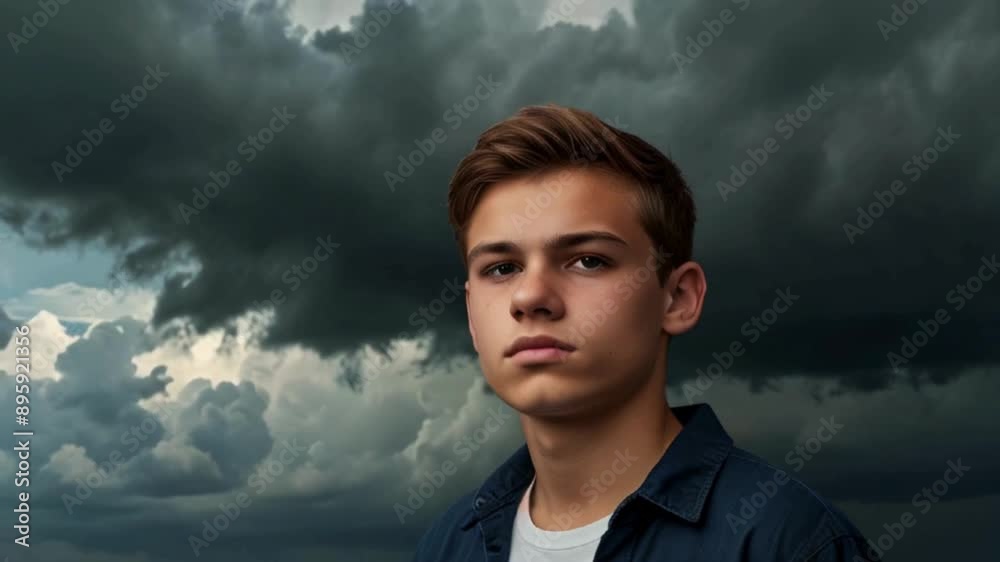 Close-up Portrait of Young Teenager with Serious Expression with Dark Clouds above His Head Close-up Portrait of Young Teenager with Serious Expression with Dark Clouds above His Head