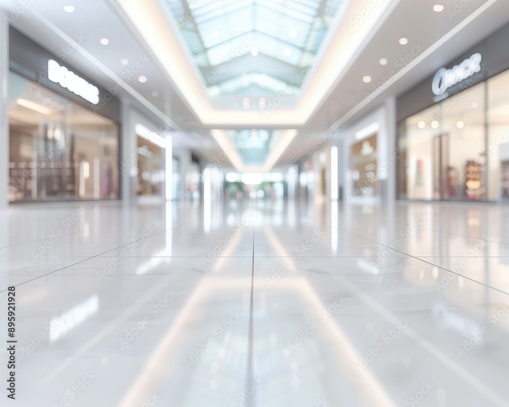 A large, empty shopping mall with a lot of white tile floors A large, empty shopping mall with a lot of white tile floors