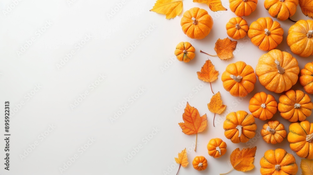 A white background with a bunch of orange pumpkins and leaves A white background with a bunch of orange pumpkins and leaves