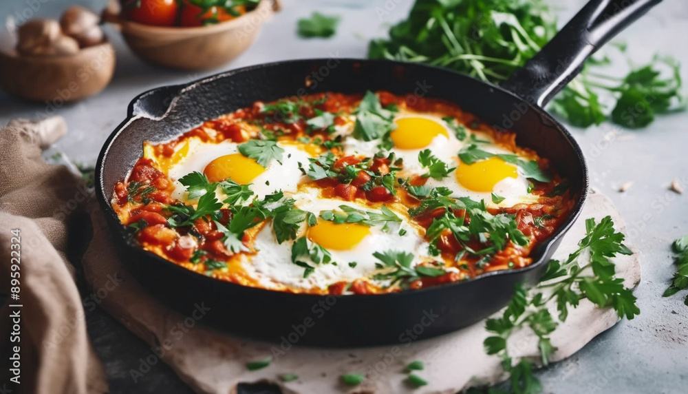 Shakshuka with eggs and herbs on frying pan. Shakshuka with eggs and herbs on frying pan.