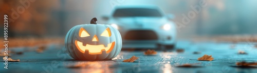 A pumpkin with a scary face is on the ground next to a car