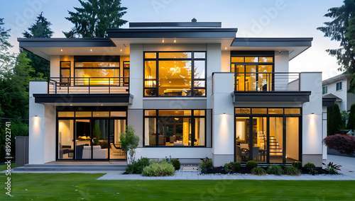 Modern two-story house with large windows and illuminated interiors, surrounded by lush greenery, showcasing contemporary architectural design.