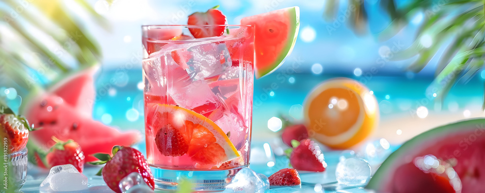 Refreshing summer cocktail with watermelon and strawberries on ice, with tropical background and vibrant colors. Refreshing summer cocktail with watermelon and strawberries on ice, with tropical background and vibrant colors.