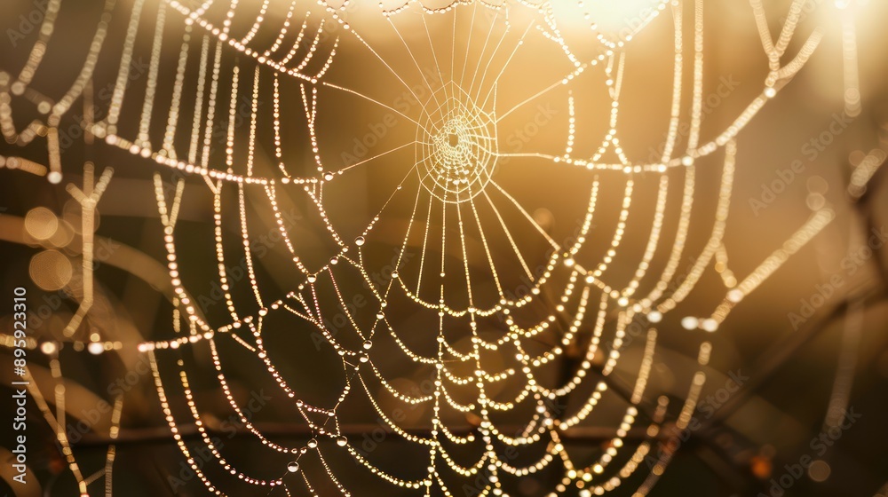 Fototapeta premium A close-up of a dew-covered spider web glistening in the morning light.