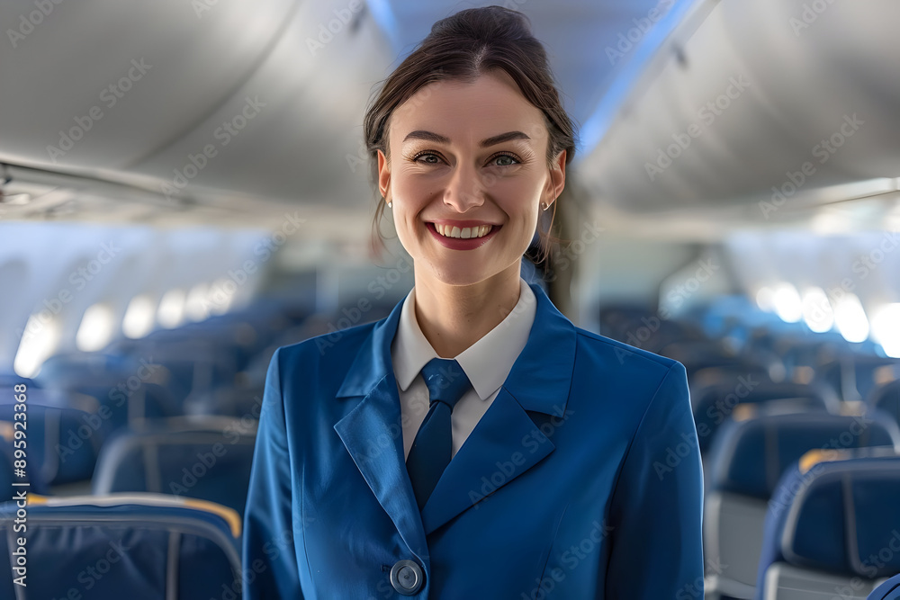 Smiling flight attendant in blue uniform standing in airplane aisle, representing friendly and professional aviation service. Smiling flight attendant in blue uniform standing in airplane aisle, representing friendly and professional aviation service.