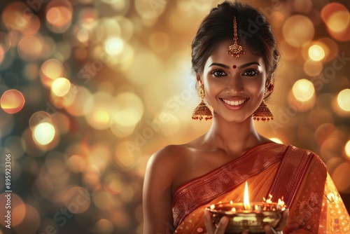 Beautiful woman in traditional attire holding an oil lamp, celebrating Diwali with bokeh lights in the background.