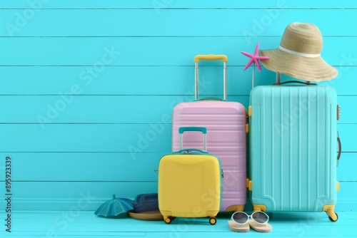 Suitcases with beach accessories on blue background with space for text