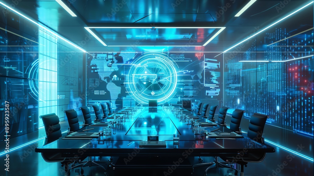 Futuristic conference room with digital screens and a sleek design, ideal for tech meetings and corporate discussions. Futuristic conference room with digital screens and a sleek design, ideal for tech meetings and corporate discussions.