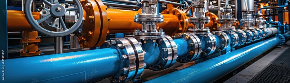 Wideangle view of an extensive pipe and valve system in a chemical factory, demonstrating infrastructure and flow control Wideangle view of an extensive pipe and valve system in a chemical factory, demonstrating infrastructure and flow control