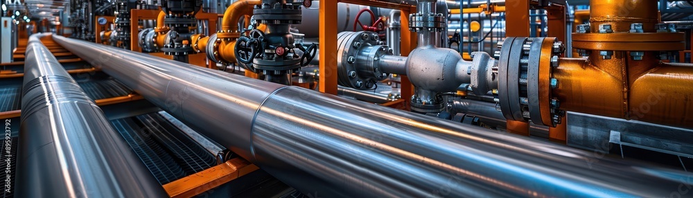 Wideangle view of an extensive pipe and valve system in a chemical factory, demonstrating infrastructure and flow control Wideangle view of an extensive pipe and valve system in a chemical factory, demonstrating infrastructure and flow control