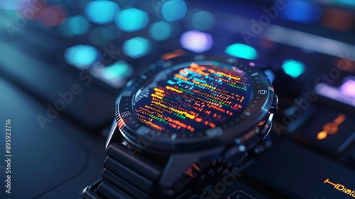 Close up of a smartwatch displaying lines of code, showcasing the seamless integration of coding and wearable technology in modern life, highlighting the future of tech accessories and digital devices photo