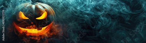 Halloween pumpkin on wooden table with foggy background. Halloween night scene with spooky misty atmosphere. Design for banner, header with copy space. Glowing jack o'lantern. Festive decoration