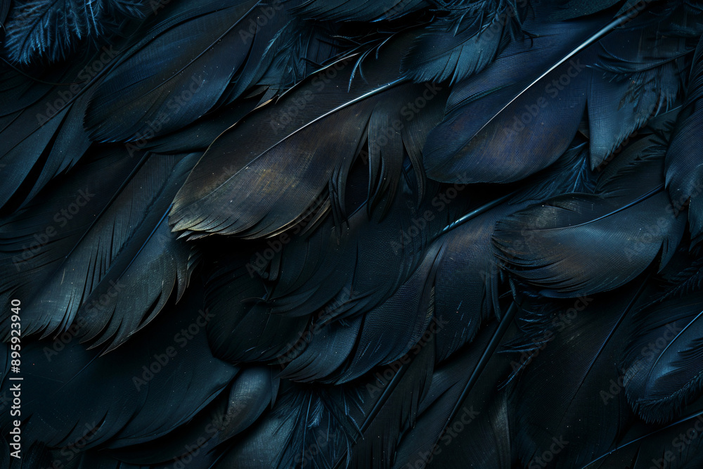 Obraz premium Black feathers abstract background, bird feather texture wallpaper design for creative concept and copy space, real photo, photography in the style of real photo.