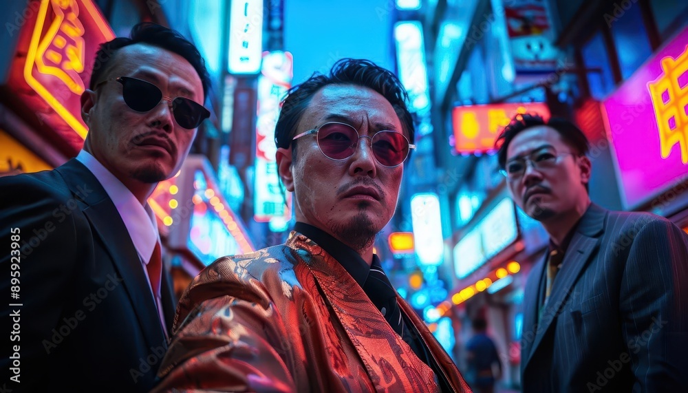 Yakuza members strategizing in a neonlit Tokyo alley, intense and atmospheric, deep in the citys heart