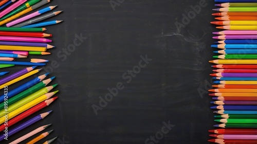 Educational background with colorful school supplies Colored pencils on a blackboard border, text space in the middle.