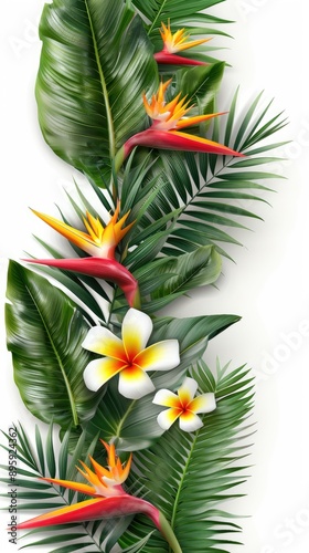 Palm and monstera leaves cast shadows on a white background, empty place for text