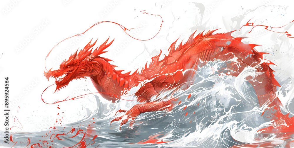 Vivid illustration of a red dragon emerging from swirling waters, showcasing its dynamic movement and mythical presence with striking detail. Vivid illustration of a red dragon emerging from swirling waters, showcasing its dynamic movement and mythical presence with striking detail.