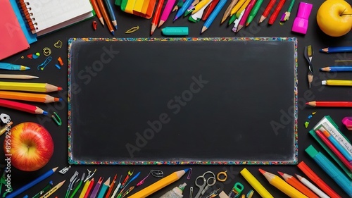 Colorful school supplies arranged on a blackboard border, with space in the middle for text. Education background