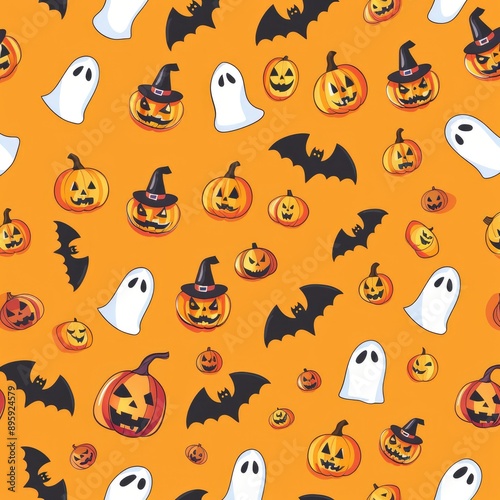 Happy halloween holiday concept. Halloween decorations, bats, ghosts on orange background. Halloween party greeting card mockup