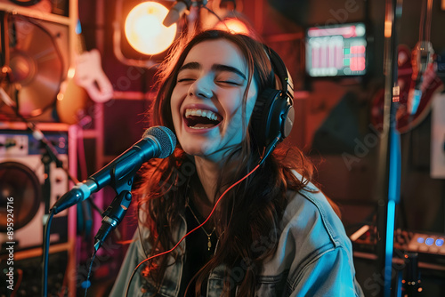 Young woman enjoying singing and recording music in a cozy, vibrant studio full of equipment and warm lighting. © sornram