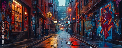 Enigmatic alleyway adorned with colorful street art, 4K hyperrealistic photo