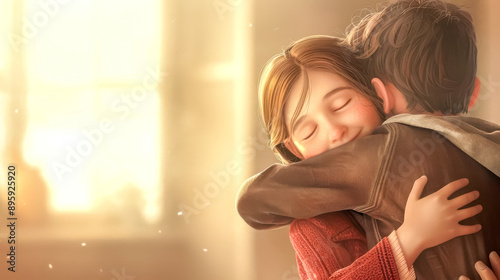 Young girl and boy embracing in warm sunlight