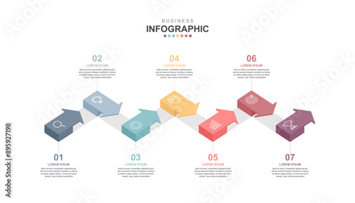 Infographic elements template, Business concept Timeline 7 steps, workflow layout, icons, diagram, report, web design. Creative, marketing data, vector.