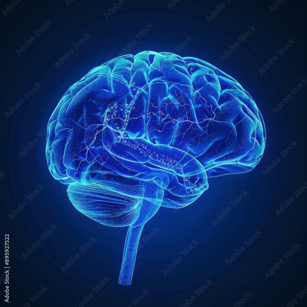 Digital illustration of the human brain in blue light, showcasing neural networks and brain structures on a dark background Digital illustration of the human brain in blue light, showcasing neural networks and brain structures on a dark background