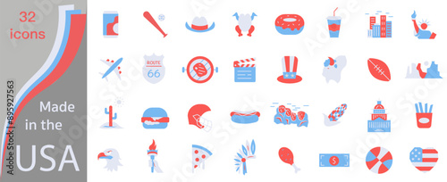 United States elements illustration. USA symbol icons in flag colors. Symbols of America.