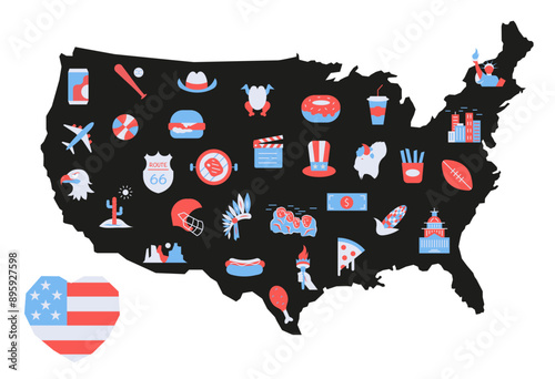 United States elements illustration. USA symbol icons in flag colors on territory background.