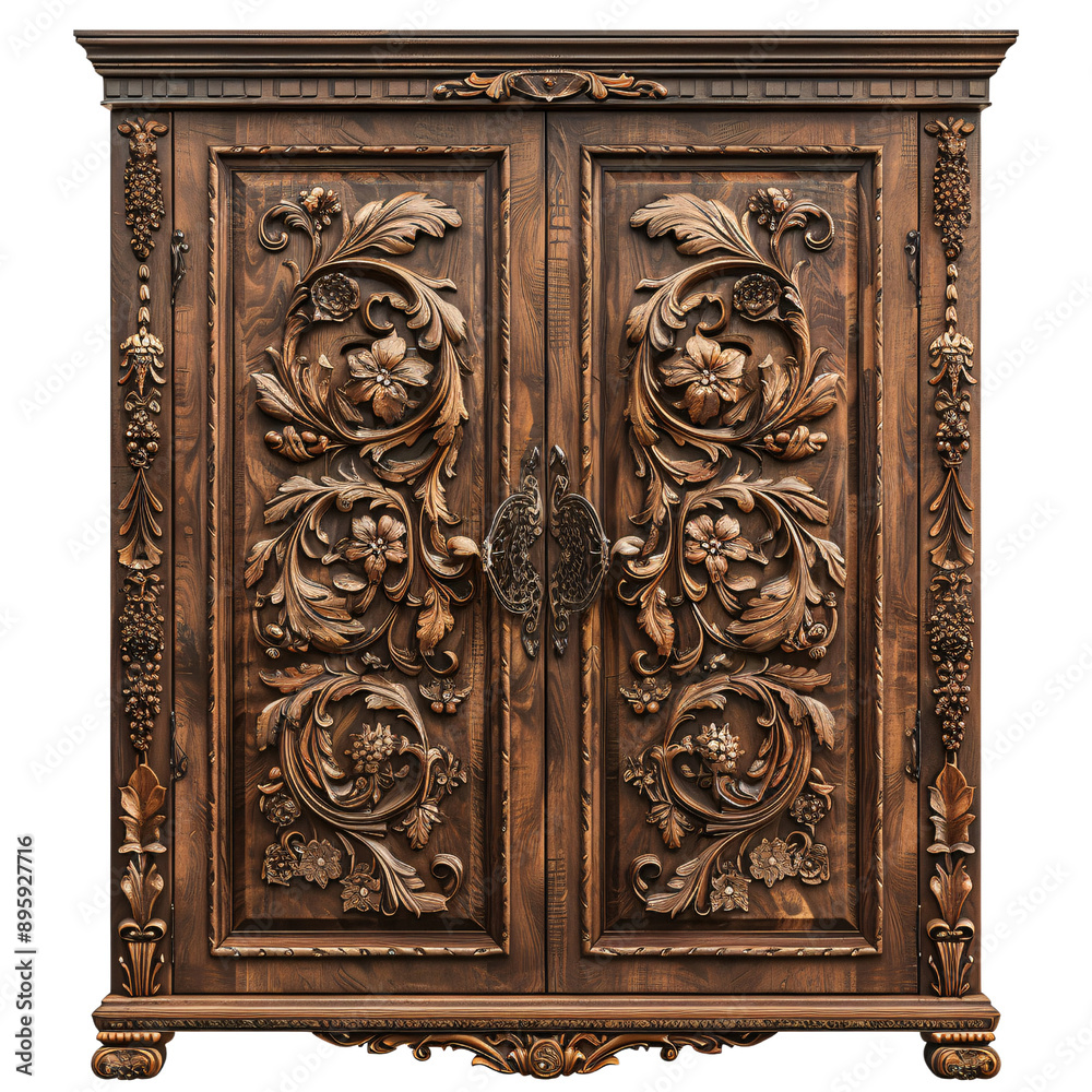 Ornate wooden cabinet with intricate floral carvings, showcasing exquisite craftsmanship and detailed antique design. Ornate wooden cabinet with intricate floral carvings, showcasing exquisite craftsmanship and detailed antique design.
