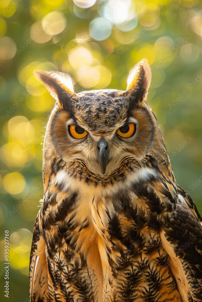 A close-up portrait of a majestic owl with an intense gaze, showcasing its detailed feathers and piercing yellow eyes against a blurred natural background A close-up portrait of a majestic owl with an intense gaze, showcasing its detailed feathers and piercing yellow eyes against a blurred natural background
