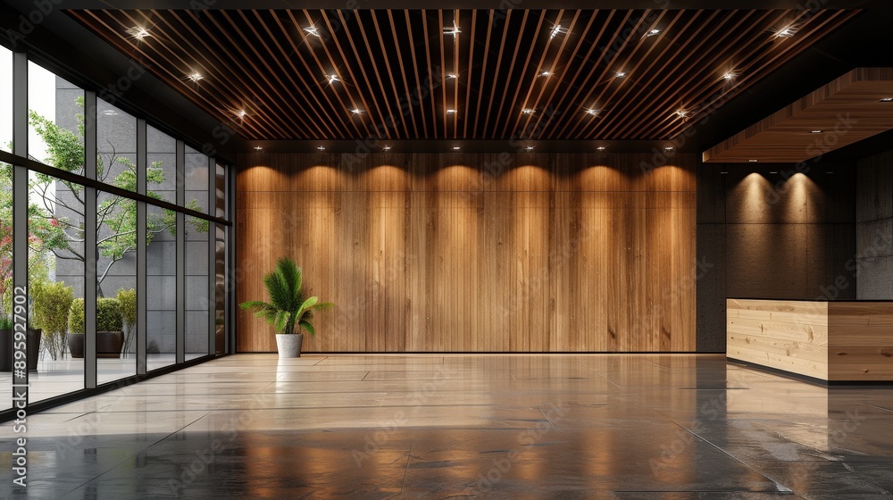 Modern and Minimalist Office Lobby with Wooden Decor