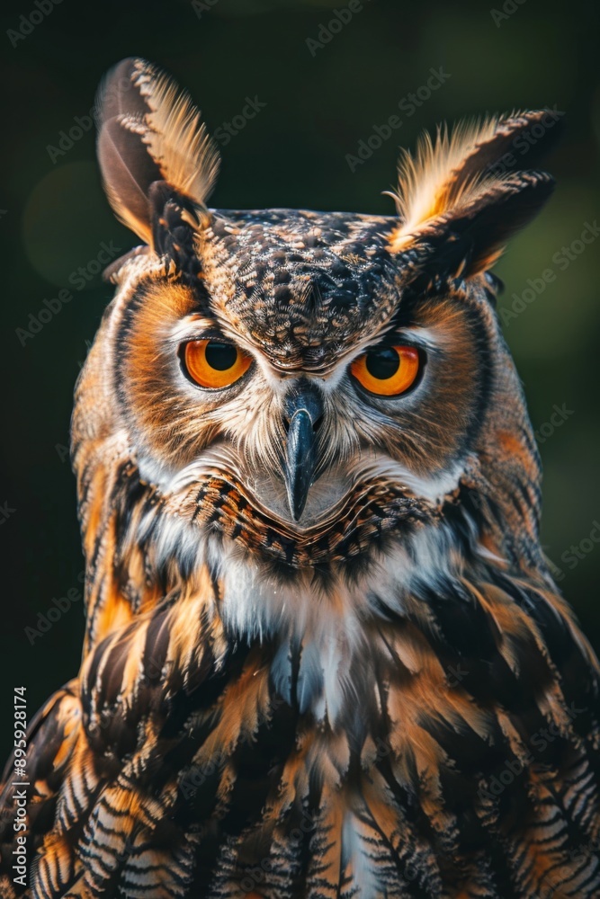 Fototapeta premium A striking close-up of a Great Horned Owl, showcasing its vivid orange eyes and intricate feather patterns, set against a dark, blurred background