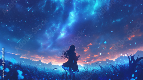 ミルキーウェイと星空の下で幻想的な夕暮れの風景