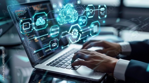 Hands Typing on Laptop with Cloud Computing and Data Management Holograms