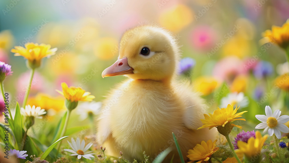 A little yellow duckling enjoys a blooming summer meadow. A little yellow duckling enjoys a blooming summer meadow.