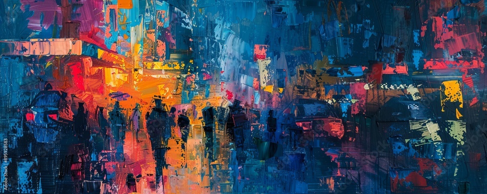 Naklejka premium A vibrant abstract painting capturing the energy and excitement of a bustling city street.