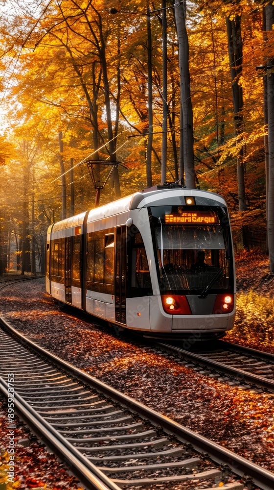 Fototapeta premium A red tram travels through a scenic forest on a sunny autumn day. The trees are a mix of vibrant reds and yellows, and leaves cover the ground
