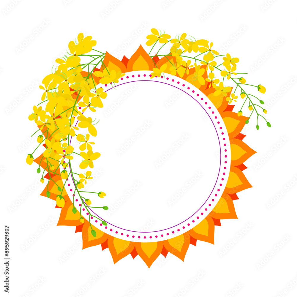 Vector illustration of Cassia fistula flowers with circular pattern on transparent background