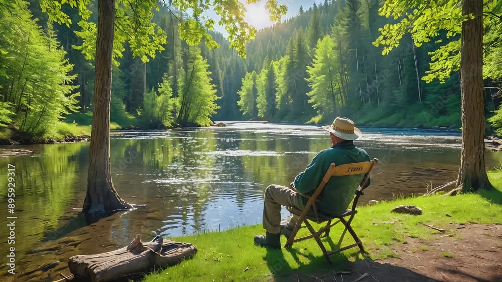 Man relaxing by a serene forest lake at sunrise with sunlight filtering through the trees. Nature relaxation concept. Seamless looping 4k time-lapse virtual video background Man relaxing by a serene forest lake at sunrise with sunlight filtering through the trees. Nature relaxation concept. Seamless looping 4k time-lapse virtual video background