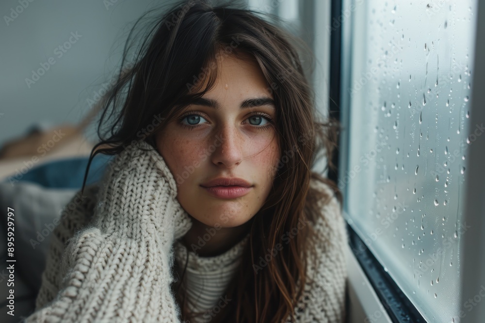 A young woman in a chunky knitted sweater looks straight into the camera with a calm and serene expression, framed by a rain-splattered window, portraying quiet contemplation. A young woman in a chunky knitted sweater looks straight into the camera with a calm and serene expression, framed by a rain-splattered window, portraying quiet contemplation.